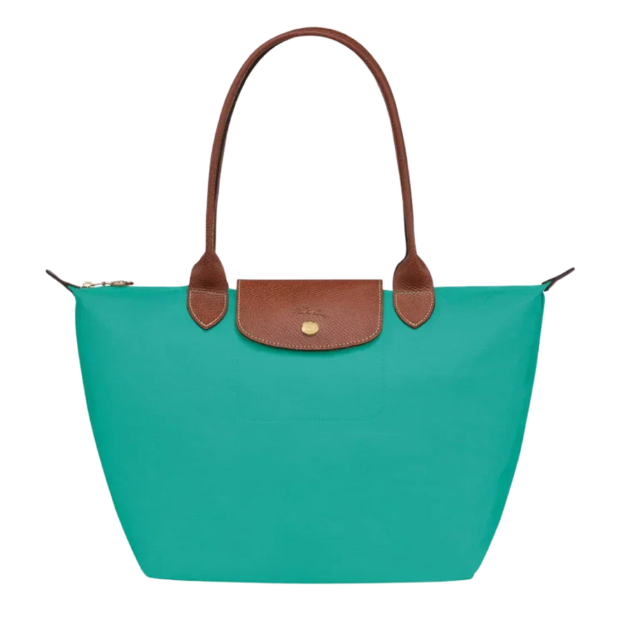 Cabas pliable en nylon à détails cuir Grand Sac Turquoise, vue de face – Valloro Paris