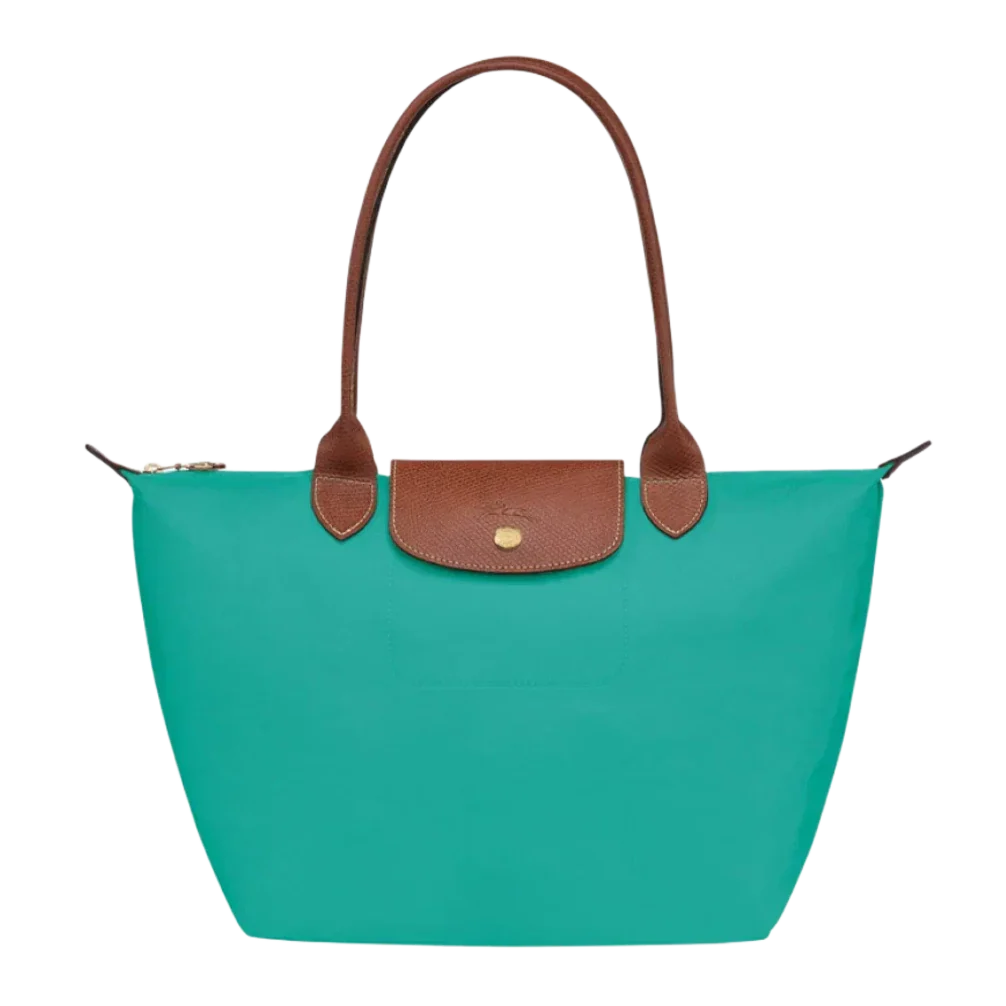 Cabas pliable en nylon à détails cuir Grand Sac Turquoise, porté à l’épaule – Valloro Paris