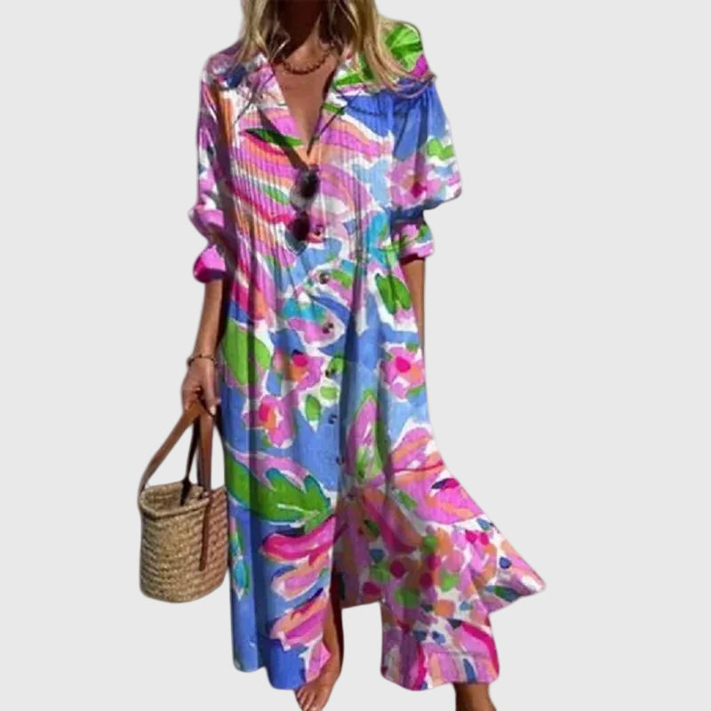 Robe maxi bohémienne élégante Zariah, détail du tissu – Valloro Paris