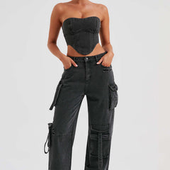 Pantalon cargo en denim premium Brooklyn, détail du tissu – Valloro Paris