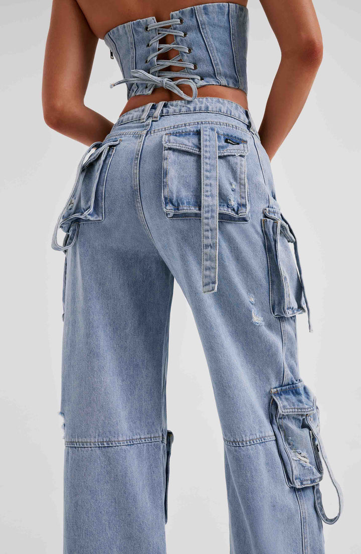Pantalon cargo en denim premium Brooklyn, vue de face – Valloro Paris
