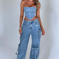 Pantalon cargo en denim premium Brooklyn, gros plan sur la coupe – Valloro Paris