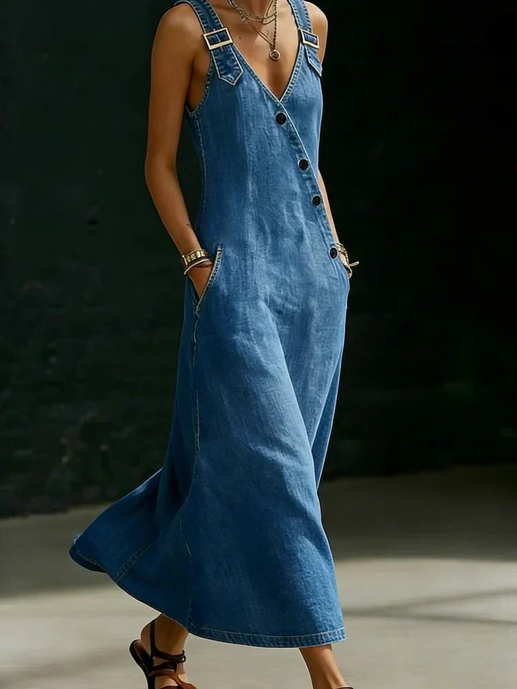 Vera | Longue robe en jean boutonnée