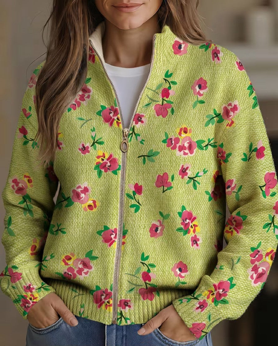 Constance™ | Cardigan zippé vert citron à fleurs roses