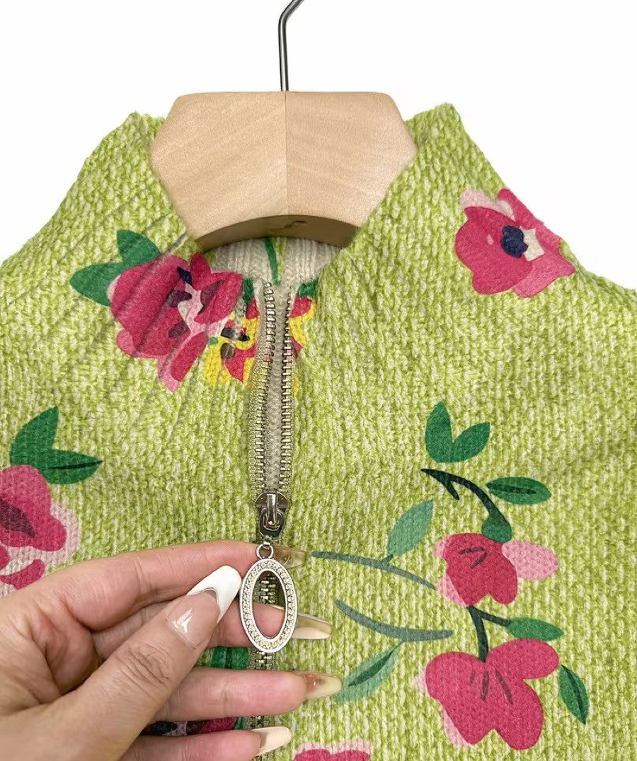 Constance™ | Cardigan zippé vert citron à fleurs roses