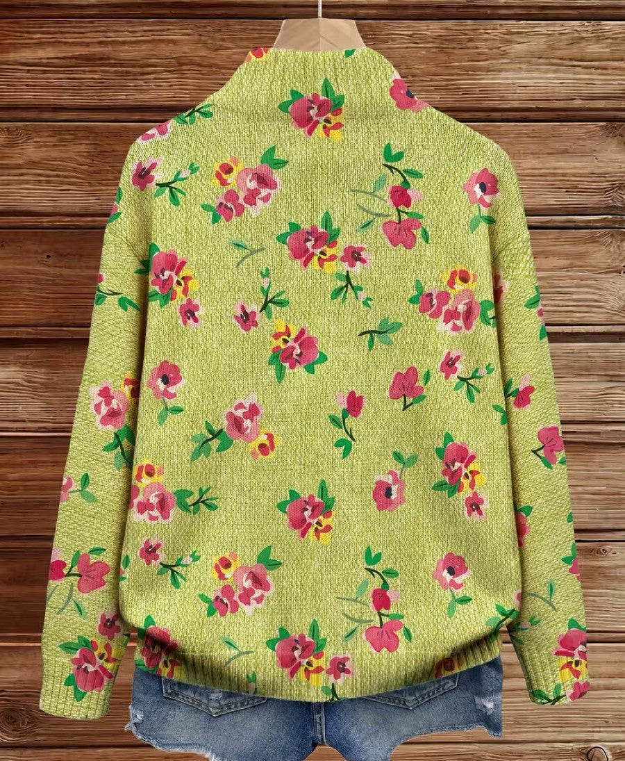 Constance™ | Cardigan zippé vert citron à fleurs roses