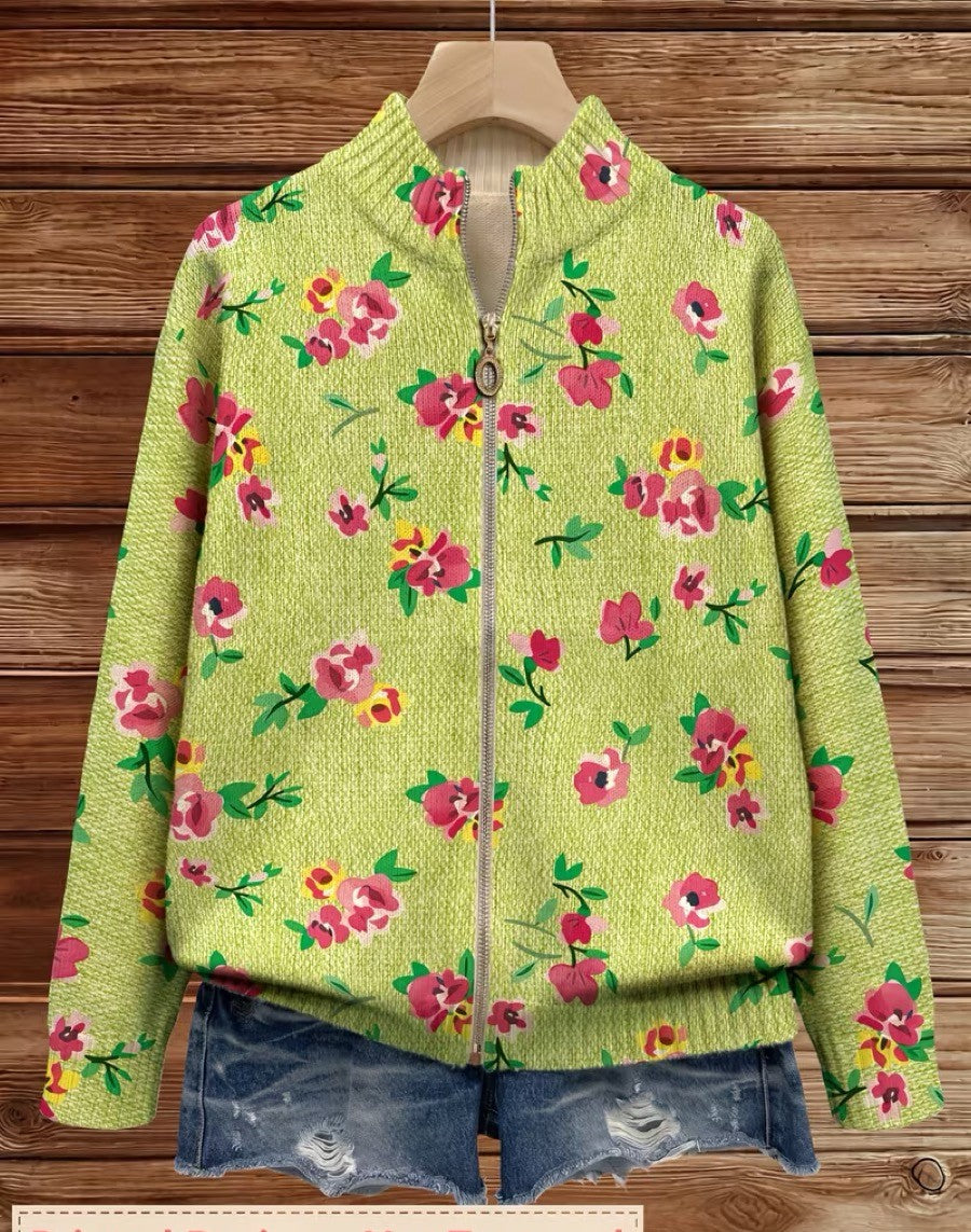 Constance™ | Cardigan zippé vert citron à fleurs roses