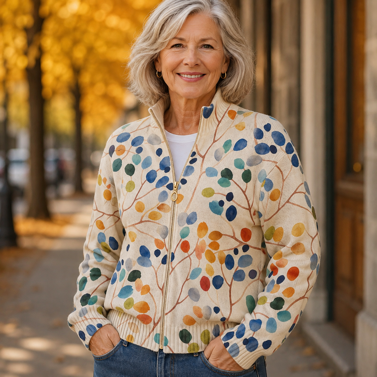 Imogene™ | Cardigan zippé à imprimé feuilles botaniques