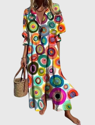 Robe maxi bohémienne élégante Zariah, détail du motif – Valloro Paris