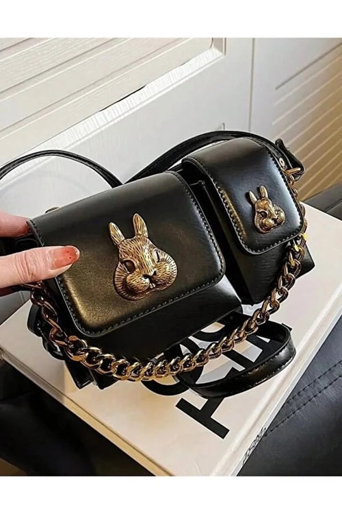 Sac baguette noir à breloque écureuil Suzon, aperçu de l’intérieur – Valloro Paris