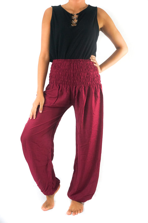 Pantalon sarouel bordeaux esprit bohème Gaïa, vue de dos – Valloro Paris