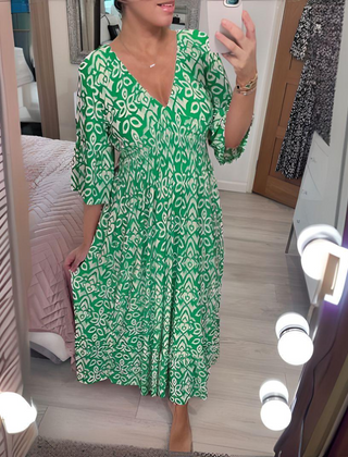 Robe imprimée boho Lillia, détail du tissu – Valloro Paris