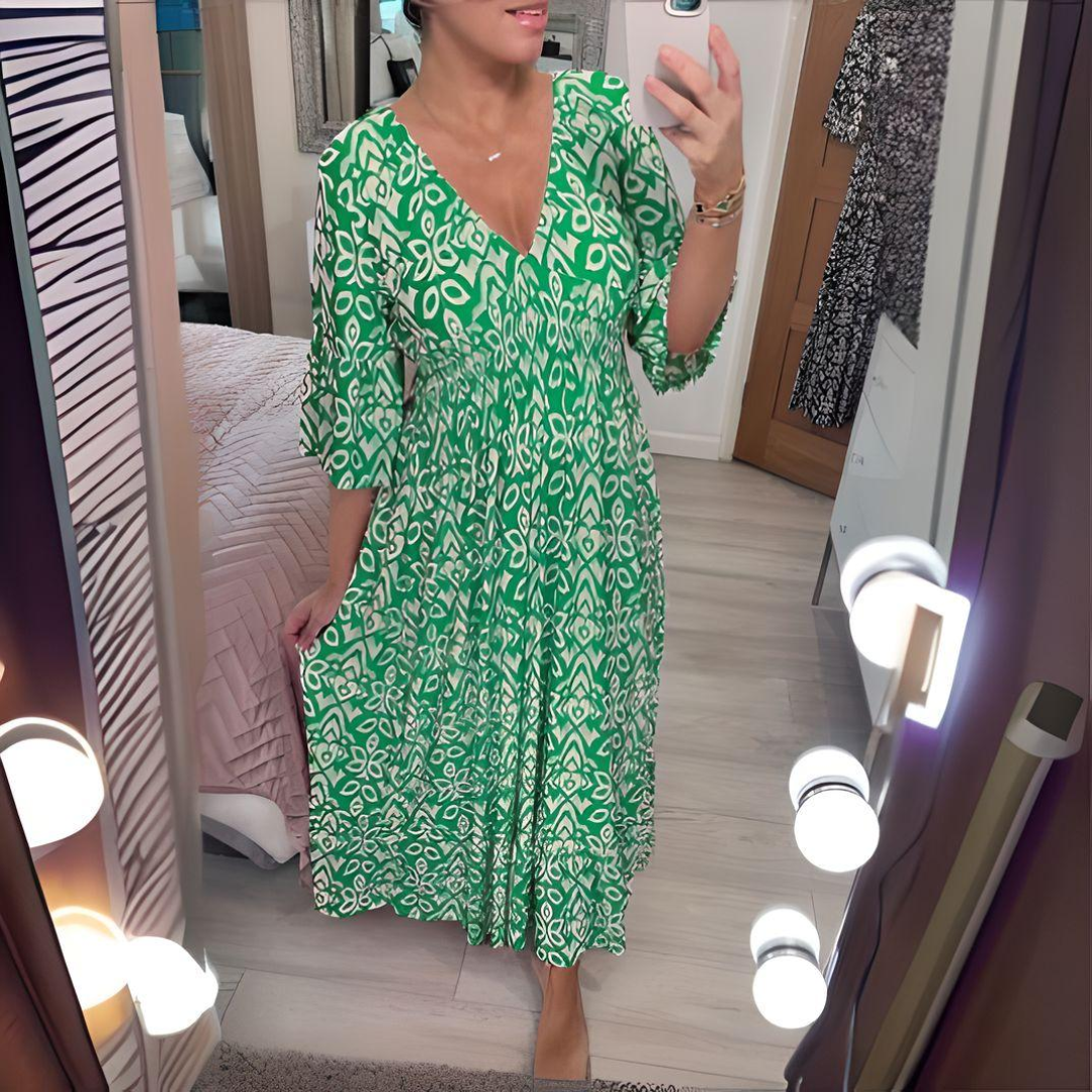 Robe imprimée boho Lillia, détail du tissu – Valloro Paris