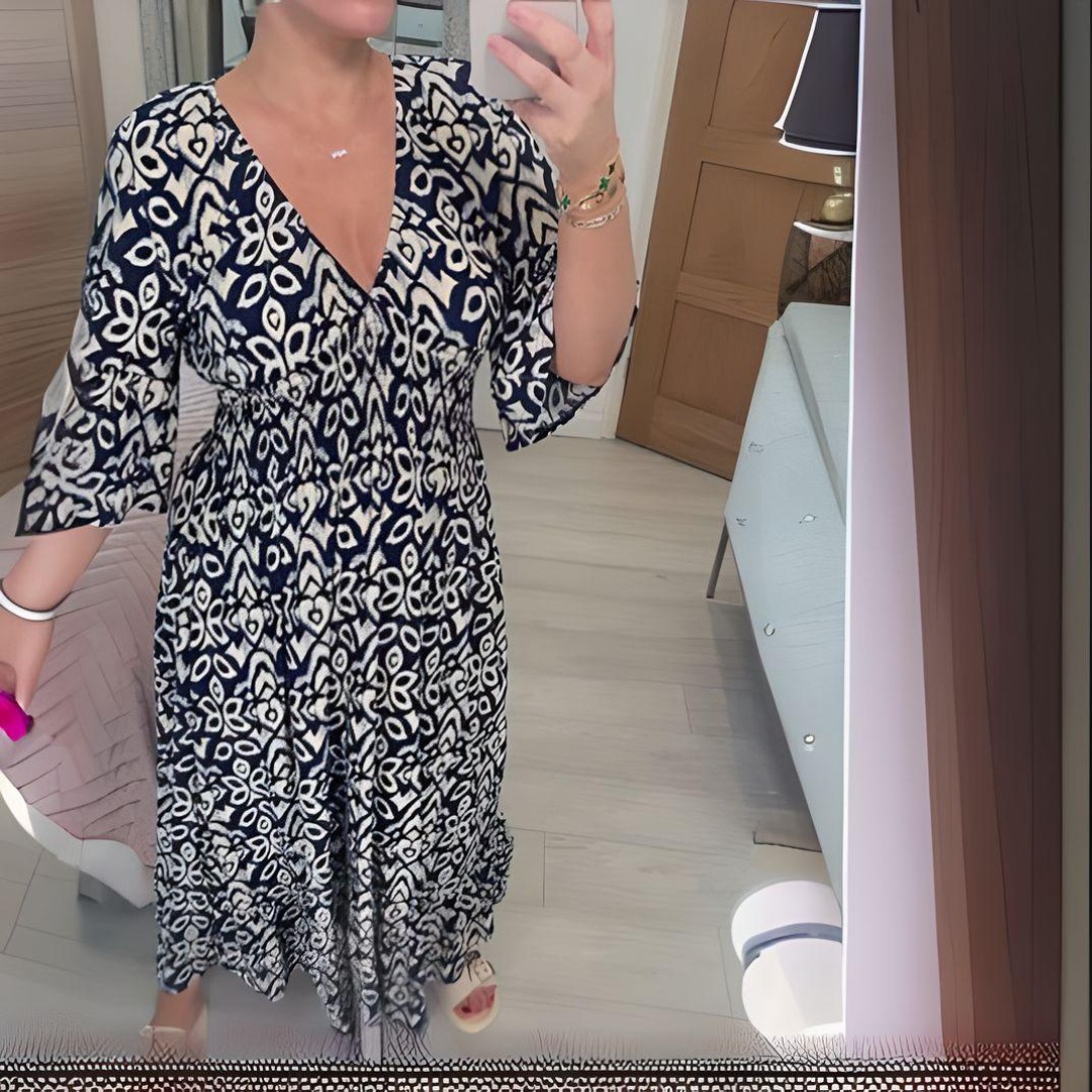 Robe imprimée boho Lillia, gros plan sur la coupe – Valloro Paris