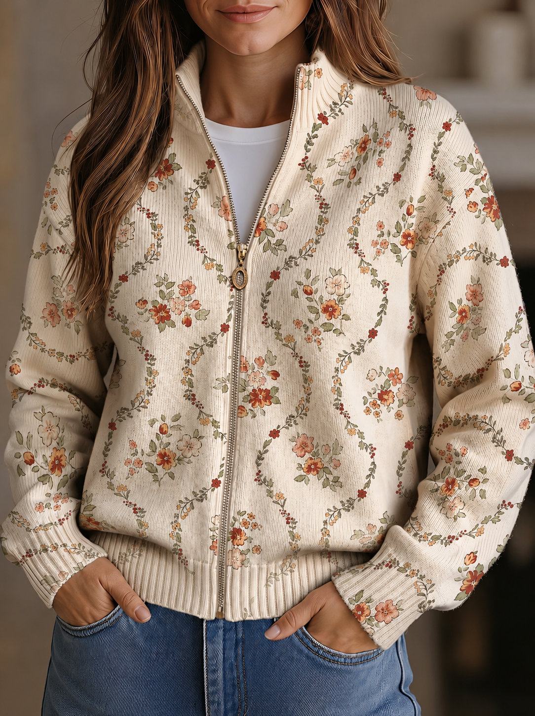 Persephone™ | Cardigan crème à délicat imprimé floral