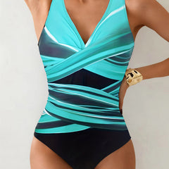 Maillot de bain une pièce colorblock à dos croisé Marina, vue complète du modèle – Valloro Paris