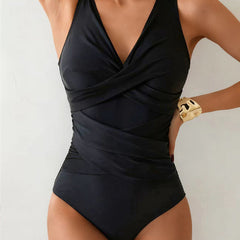 Maillot de bain une pièce colorblock à dos croisé Marina, vue rapprochée – Valloro Paris