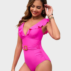 Maillot de bain froncé à décolleté en V et volants Roxane, détail du tissu (photo 16) – Valloro Paris