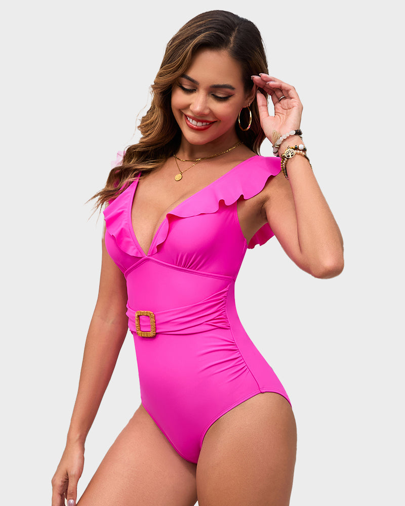 Maillot de bain froncé à décolleté en V et volants Roxane, détail du tissu (photo 16) – Valloro Paris
