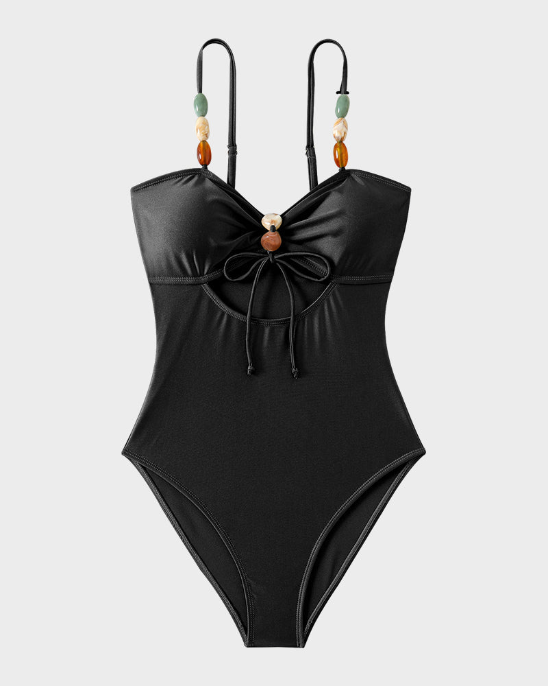 Maillot de bain satiné à perles et découpes Salomé, vue rapprochée – Valloro Paris