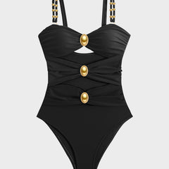 Maillot de bain une pièce froncé à perles dorées Doriane, présentation du coloris – Valloro Paris