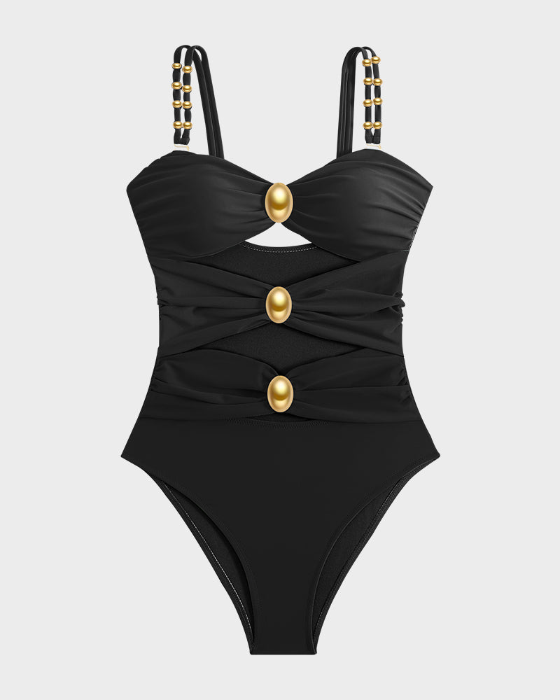 Maillot de bain une pièce froncé à perles dorées Doriane, présentation du coloris – Valloro Paris