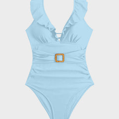 Maillot de bain froncé à décolleté en V et volants Roxane, présentation du coloris – Valloro Paris