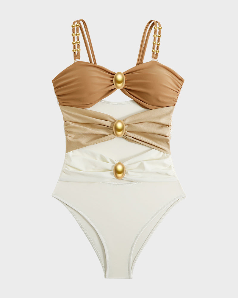Maillot de bain une pièce froncé à perles dorées Doriane, détail du motif (photo 20) – Valloro Paris