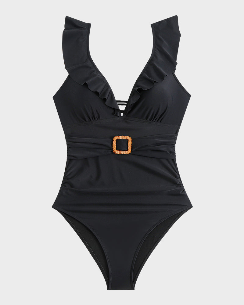 Maillot de bain froncé à décolleté en V et volants Roxane, gros plan sur la coupe – Valloro Paris