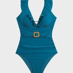 Maillot de bain froncé à décolleté en V et volants Roxane, vue de face (photo 25) – Valloro Paris