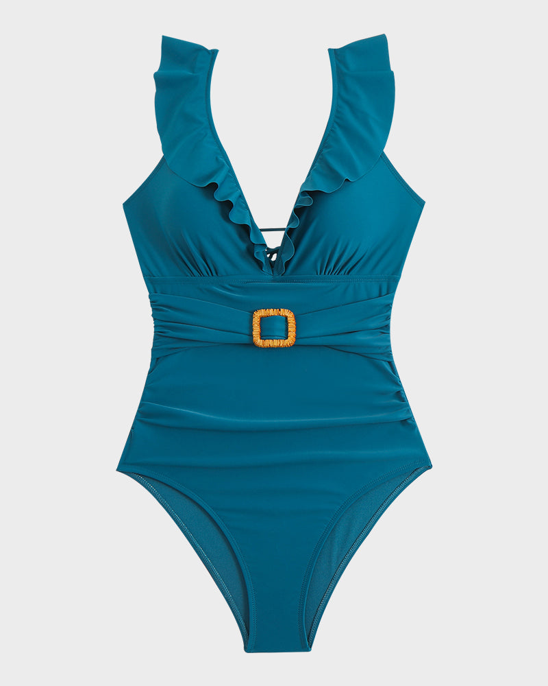 Maillot de bain froncé à décolleté en V et volants Roxane, vue de face (photo 25) – Valloro Paris