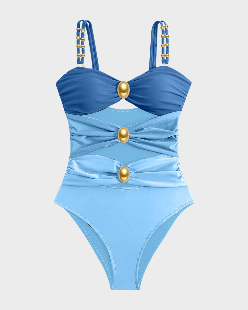 Maillot de bain une pièce froncé à perles dorées Doriane, vue de profil (photo 30) – Valloro Paris
