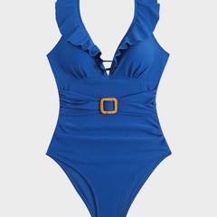 Maillot de bain froncé à décolleté en V et volants Roxane, vue de profil (photo 30) – Valloro Paris