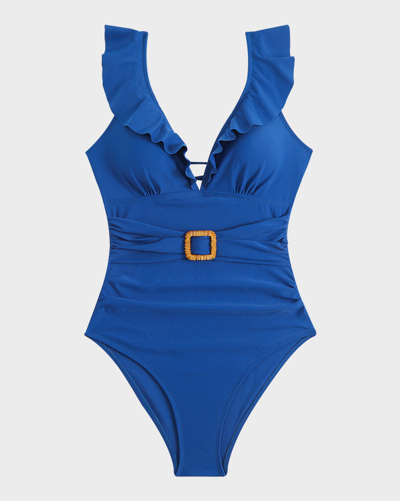 Maillot de bain froncé à décolleté en V et volants Roxane, vue de profil (photo 30) – Valloro Paris