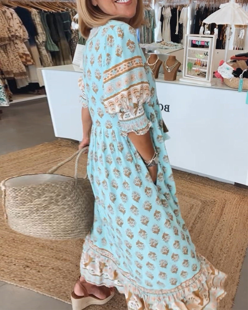 Robe bohème intemporelle Verity, détail du motif – Valloro Paris