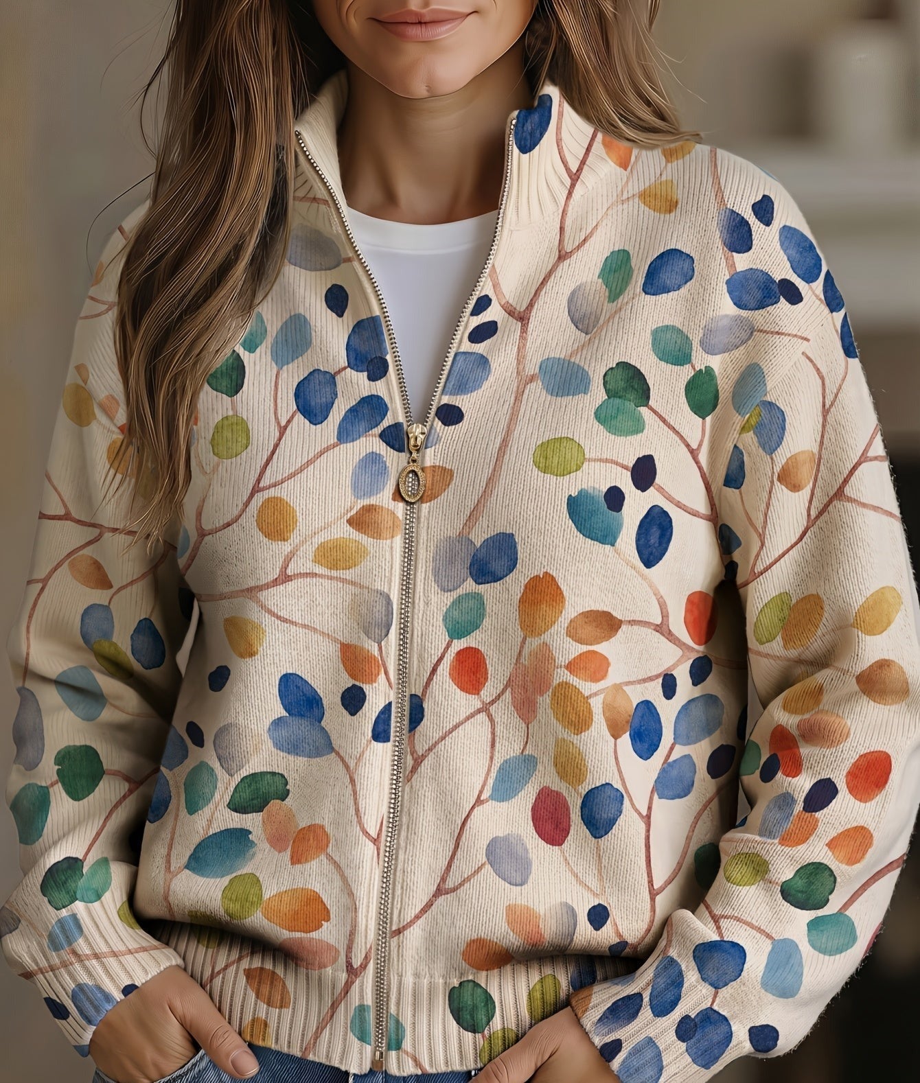 Imogene™ | Cardigan zippé à imprimé feuilles botaniques