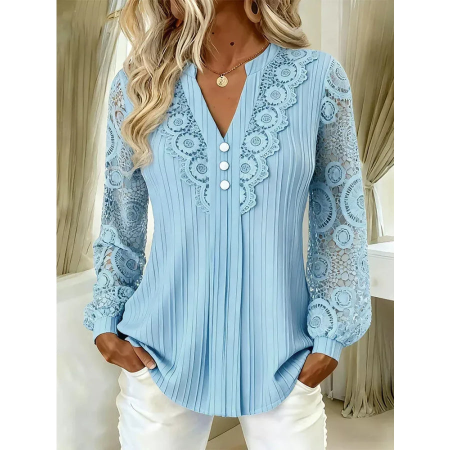 Lace Long Sleeve Notched Blouse