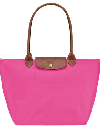 Cabas pliable en nylon à détails cuir Grand Sac Rose, vue de face – Valloro Paris