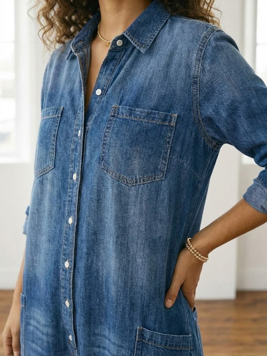 Diana | Combinaison en denim vintage délavé au toucher coton doux, boutonnée