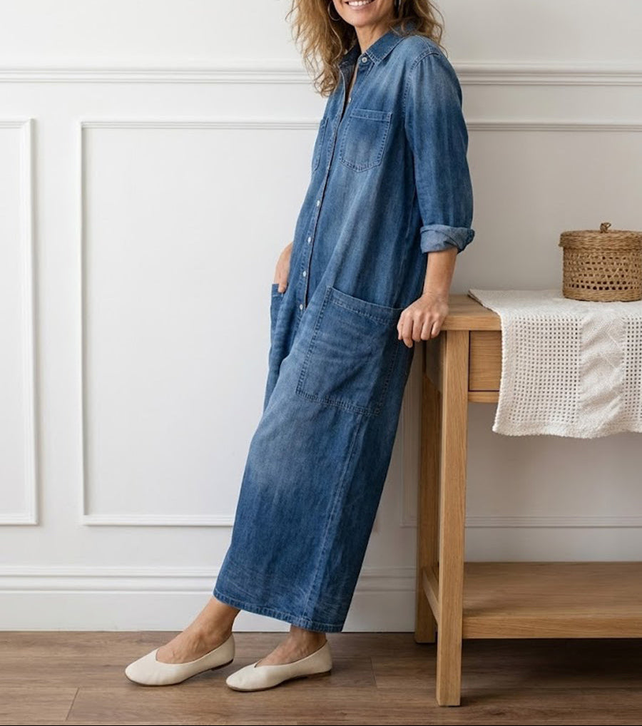 Diana | Combinaison en denim vintage délavé au toucher coton doux, boutonnée
