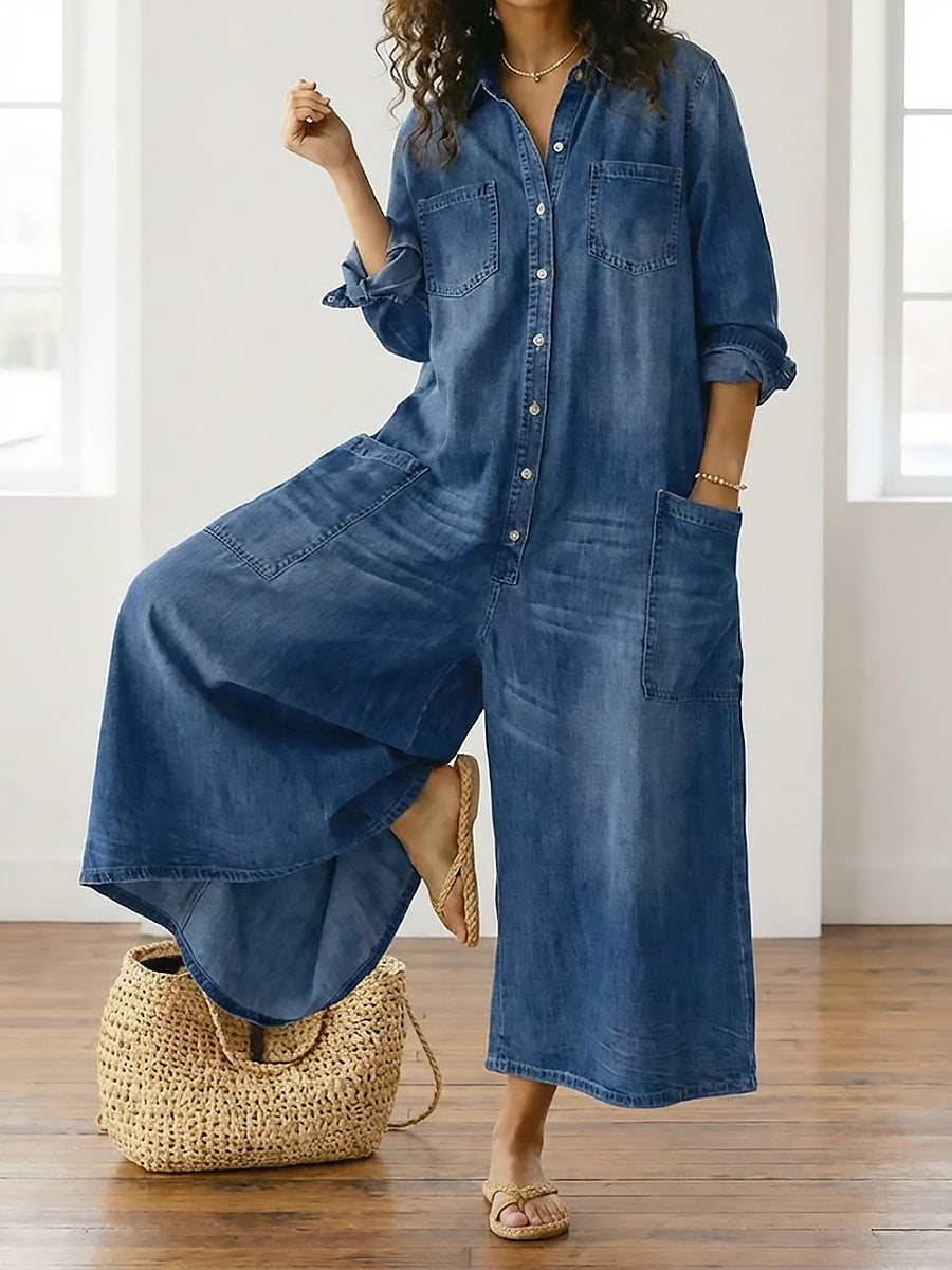 Diana | Combinaison en denim vintage délavé au toucher coton doux, boutonnée