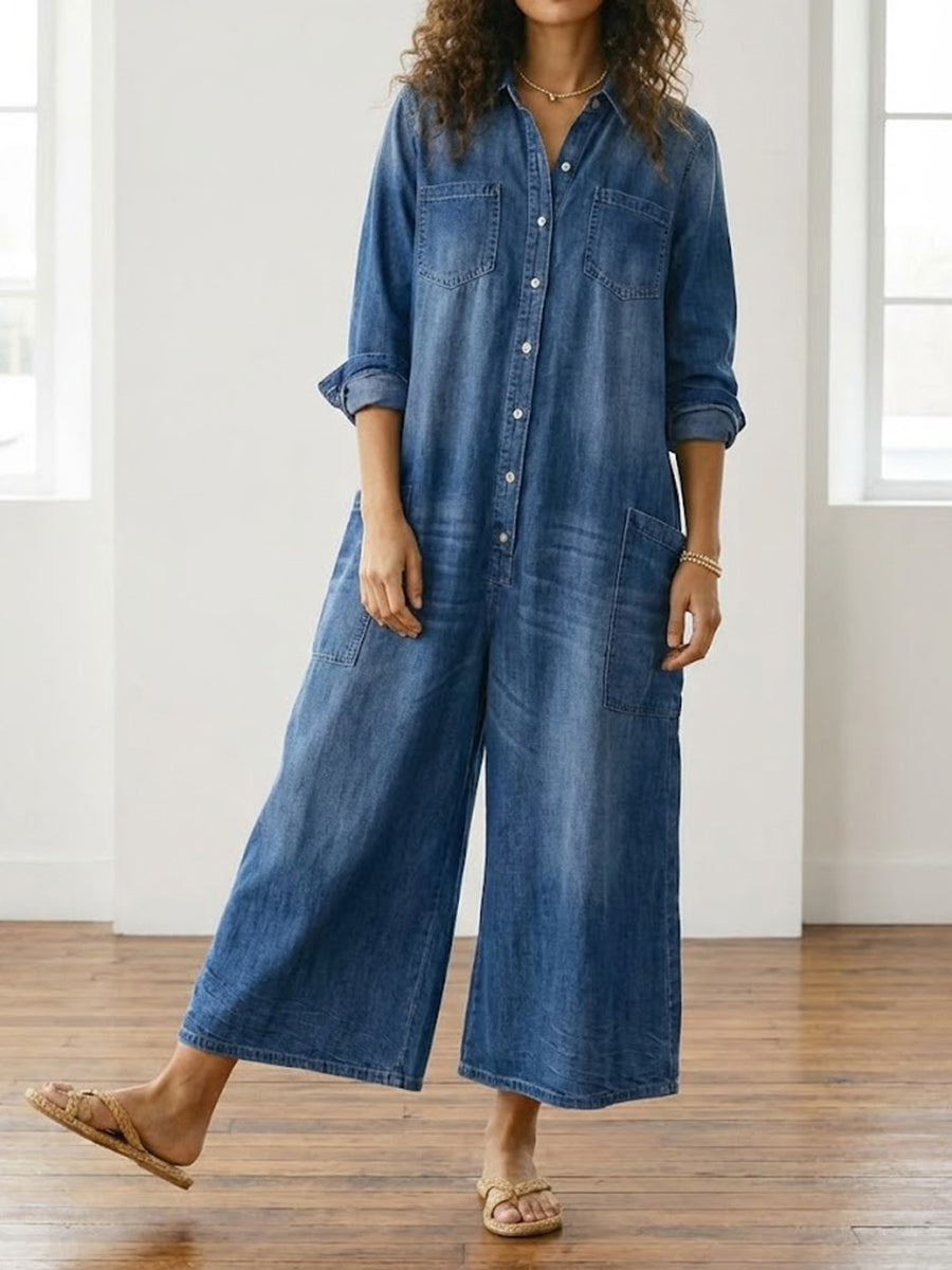 Diana | Combinaison en denim vintage délavé au toucher coton doux, boutonnée