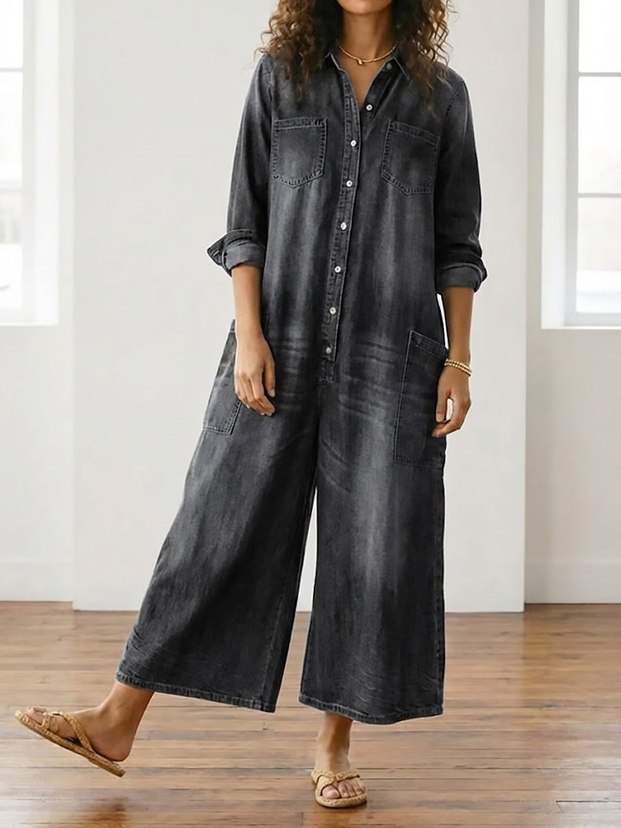 Diana | Combinaison en denim vintage délavé au toucher coton doux, boutonnée