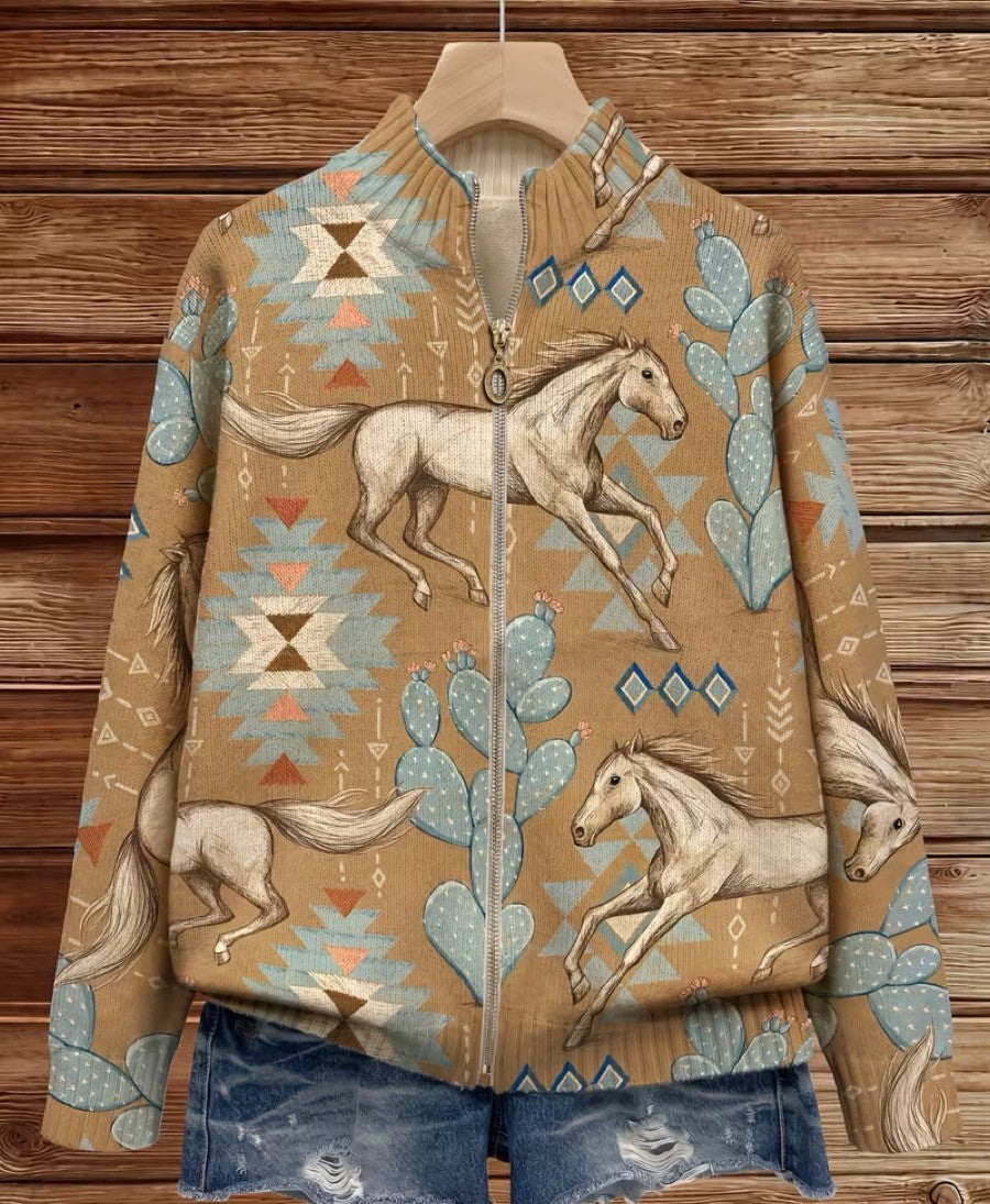 Perpetua™ | Cardigan zippé chevaux du désert et cactus