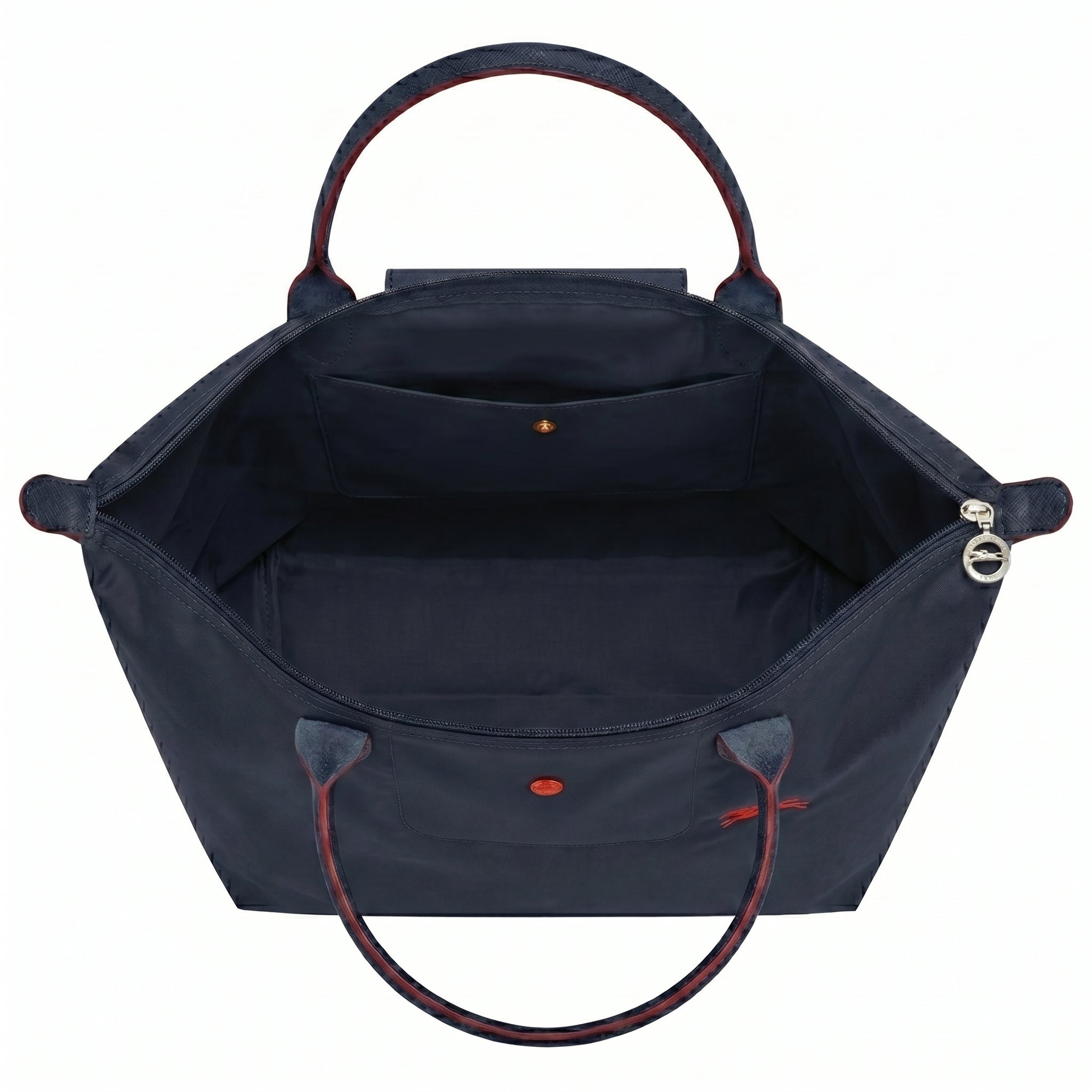 Cabas pliable en nylon à détails cuir Grand Sac Bleu Marine, détail des anses – Valloro Paris