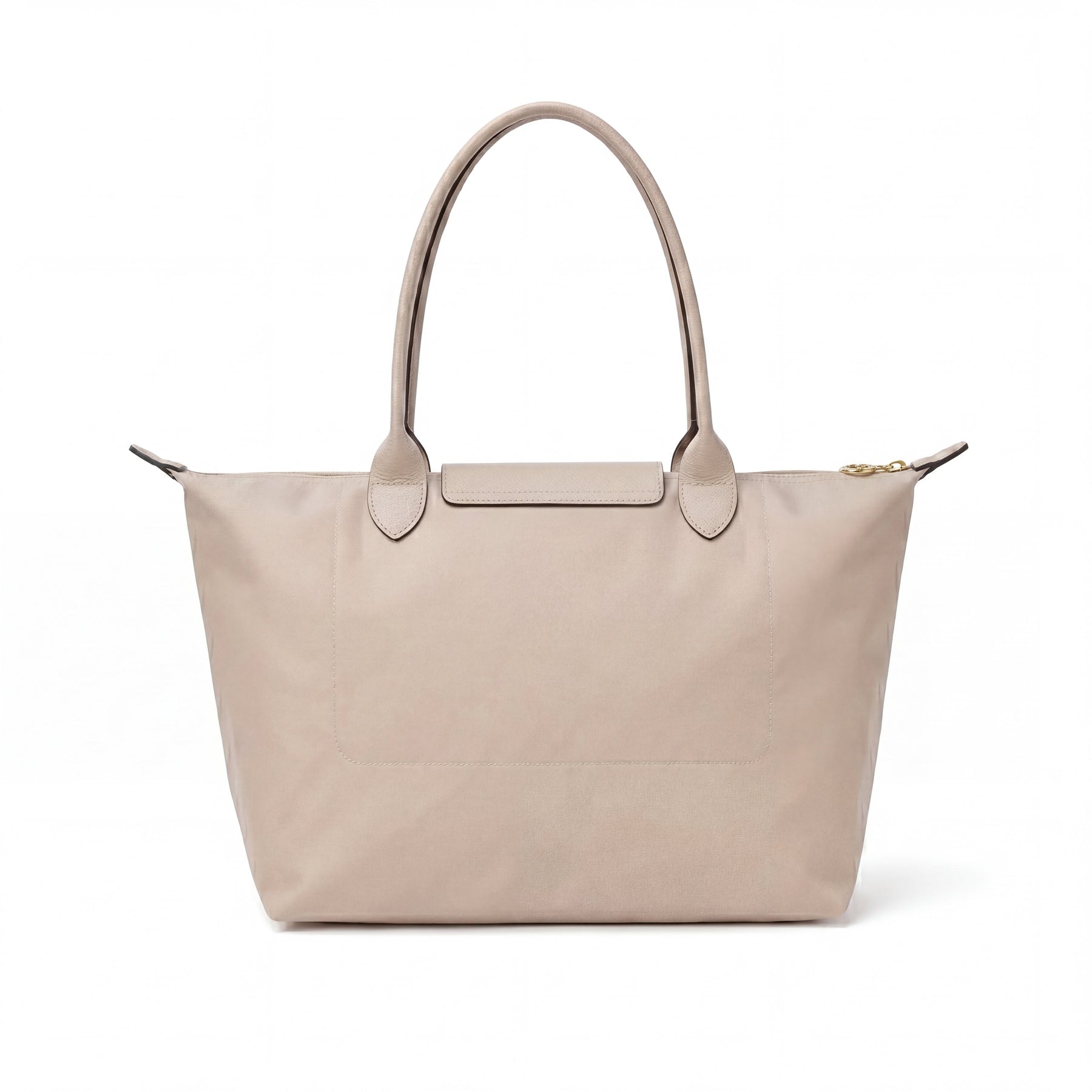 Cabas pliable en nylon à détails cuir Grand Sac Beige, porté à l’épaule – Valloro Paris