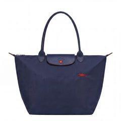 Cabas pliable en nylon à détails cuir Grand Sac Bleu Marine, vue de face – Valloro Paris