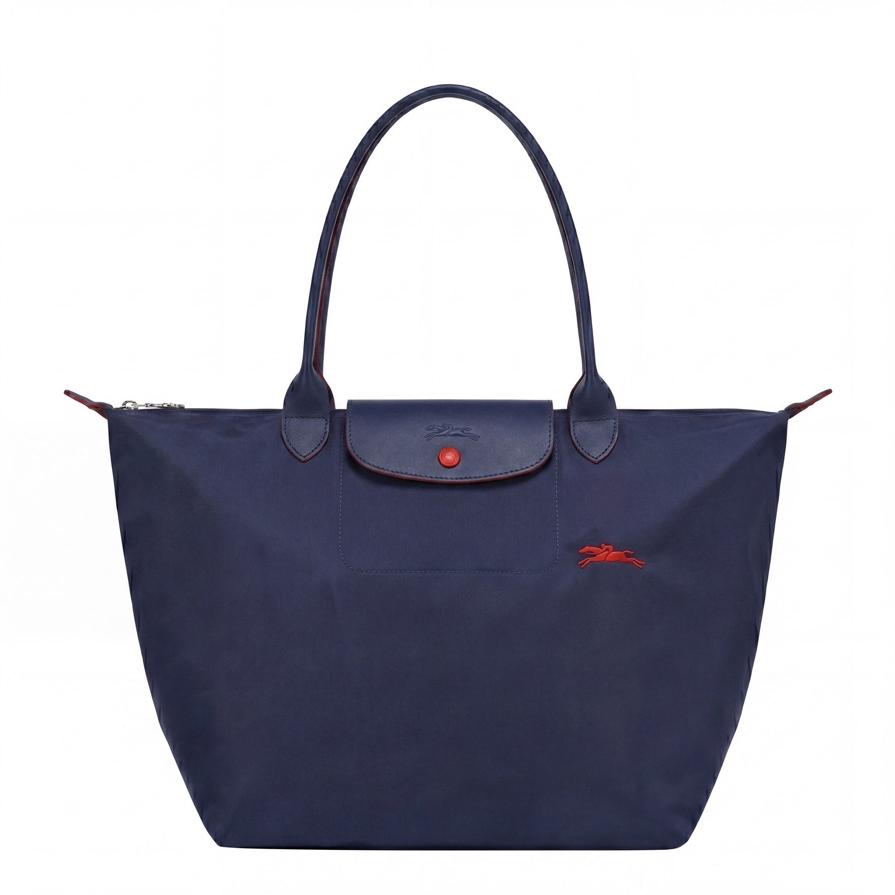 Cabas pliable en nylon à détails cuir Grand Sac Bleu Marine, vue de face – Valloro Paris