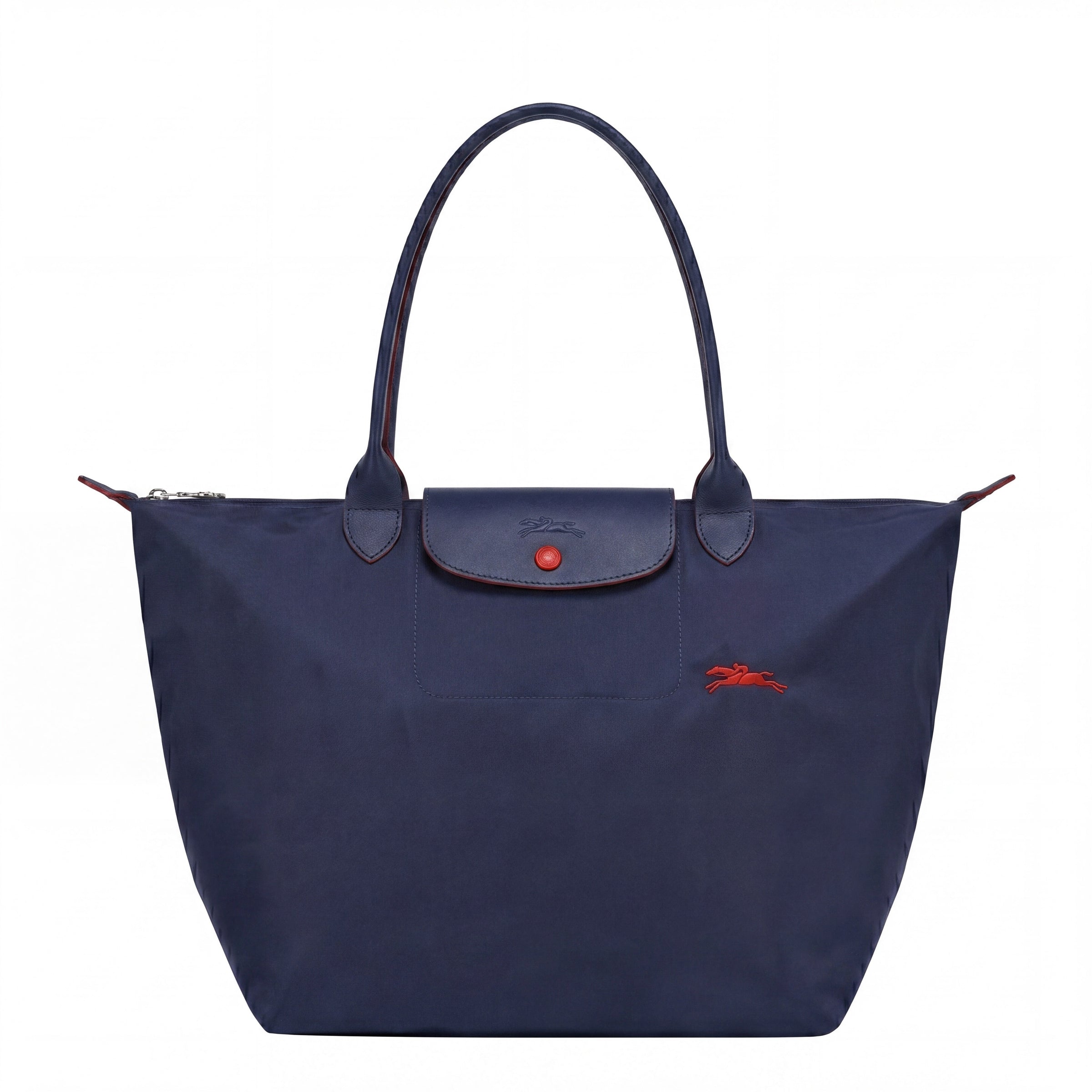 Cabas pliable en nylon à détails cuir Grand Sac Bleu Marine, vue de face – Valloro Paris