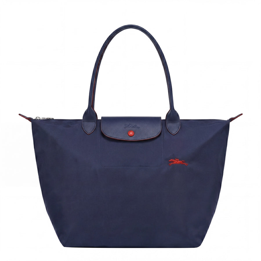 Cabas pliable en nylon à détails cuir Grand Sac Bleu Marine, vue de face – Valloro Paris